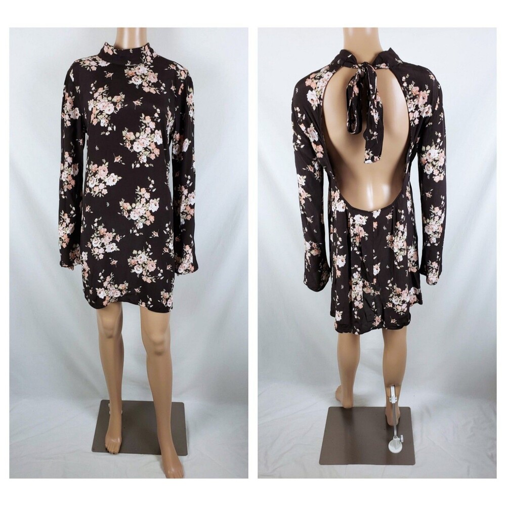 H&M Retro Boho Floral Backless Dress Womens M Brown Tie Neck Bell Sleeve
